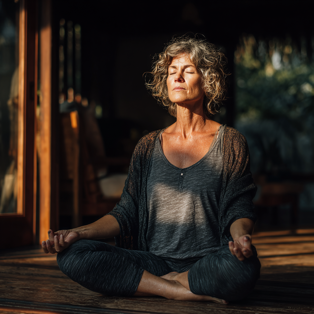 Peaceful woman in her 50s practicing yoga in meditation pose on a natural wooden floor, wearing comfortable yoga clothes, with soft natural lighting creating a serene atmosphere