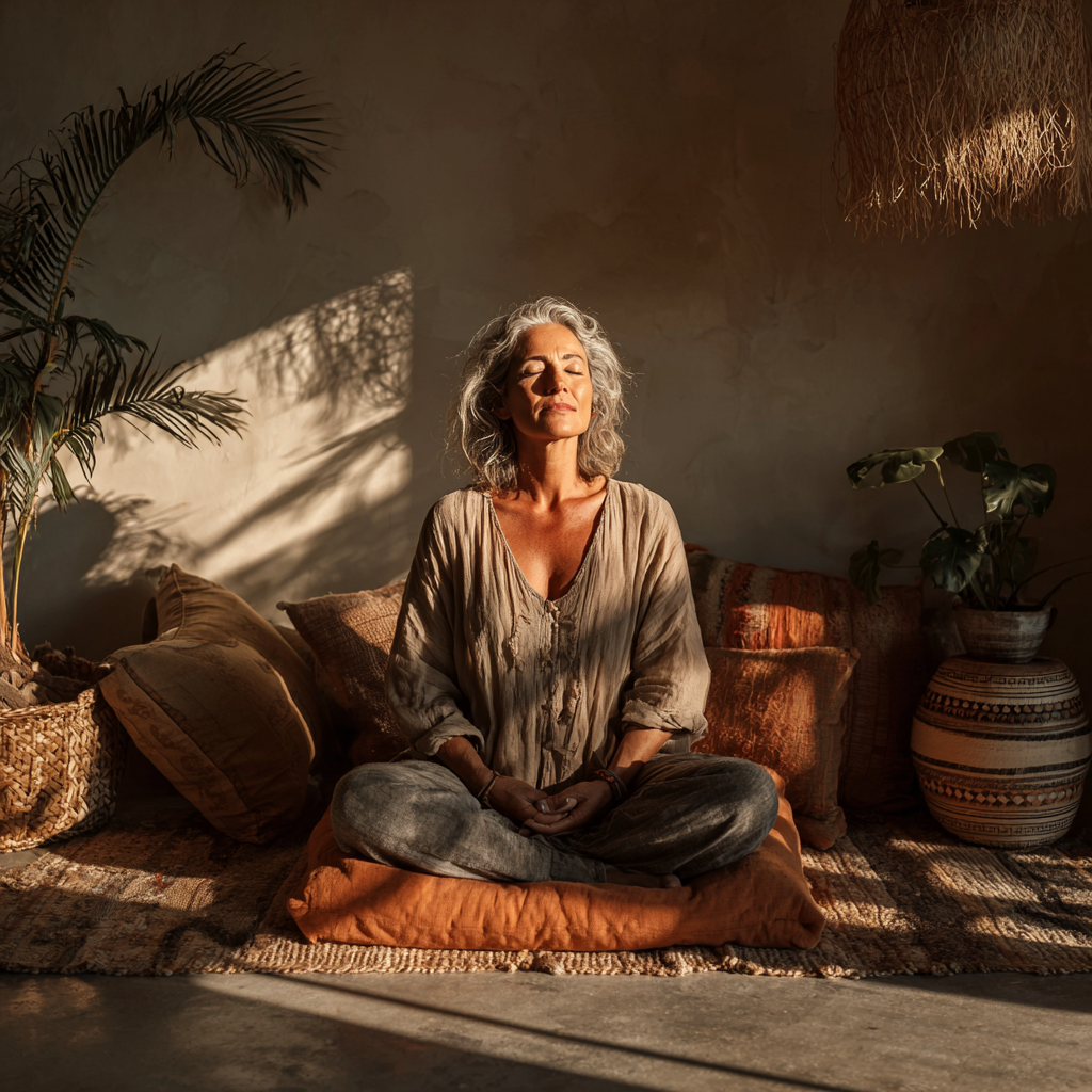 Serene meditation space with a middle-aged woman sitting in lotus position, soft lighting, cushions and plants creating a peaceful atmosphere for inner reflection